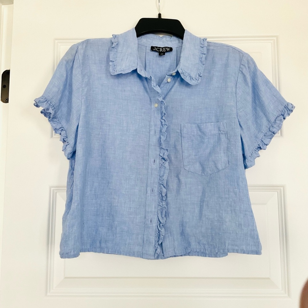 J. Crew French Blue Linen Ruffled Shirt, Small